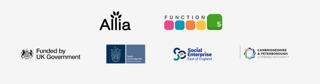 Partner logos - Allia, Function 5 CIC, Social Enterprise East of England, Cambridgeshire and peterborough combined authority and South cambridgeshire District Council, UK Gov